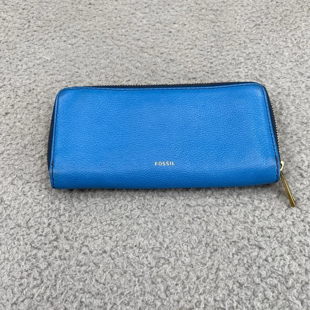 FOSSIL Leather Women Wallet Zip Around Clutch Blue Lining Cards ID Divider Boho‎